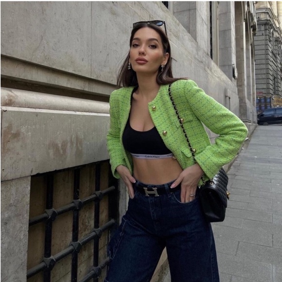 Mango MNG | Lime Green Tweed Cropped Blazer Jacket Gold Buttons - Picture 3 of 8